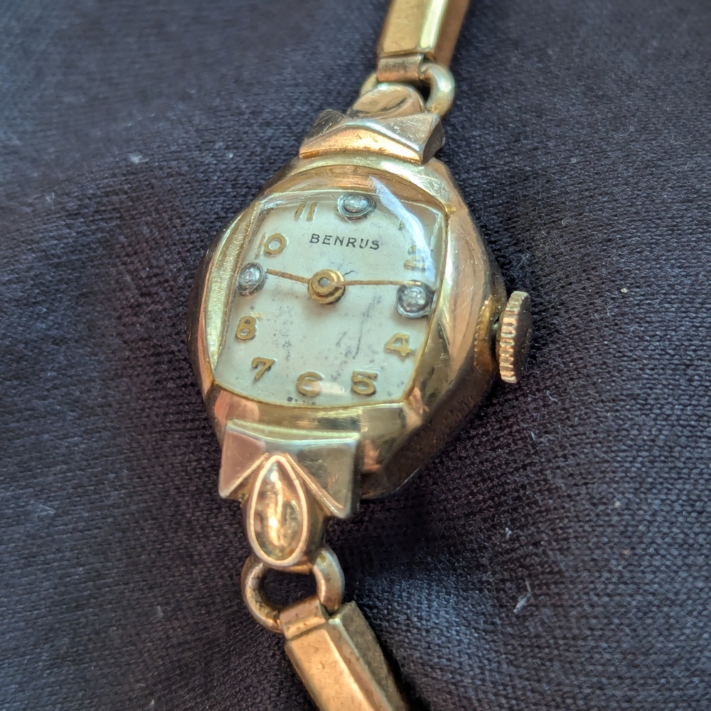 Benrus Vintage 12k Gold Women's Watch w/ Diamond Studded Dial - RUNNING